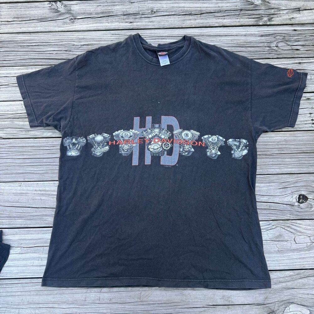 Vintage 2002 Harley-Davidson Engine Lineup Graphic T-Shirt USA Made Black 2XL